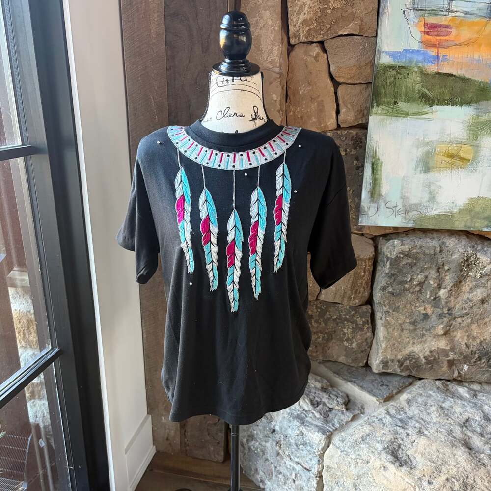 Vintage Wrangler Western Embroidered Feather Tee Black Turquoise Pink